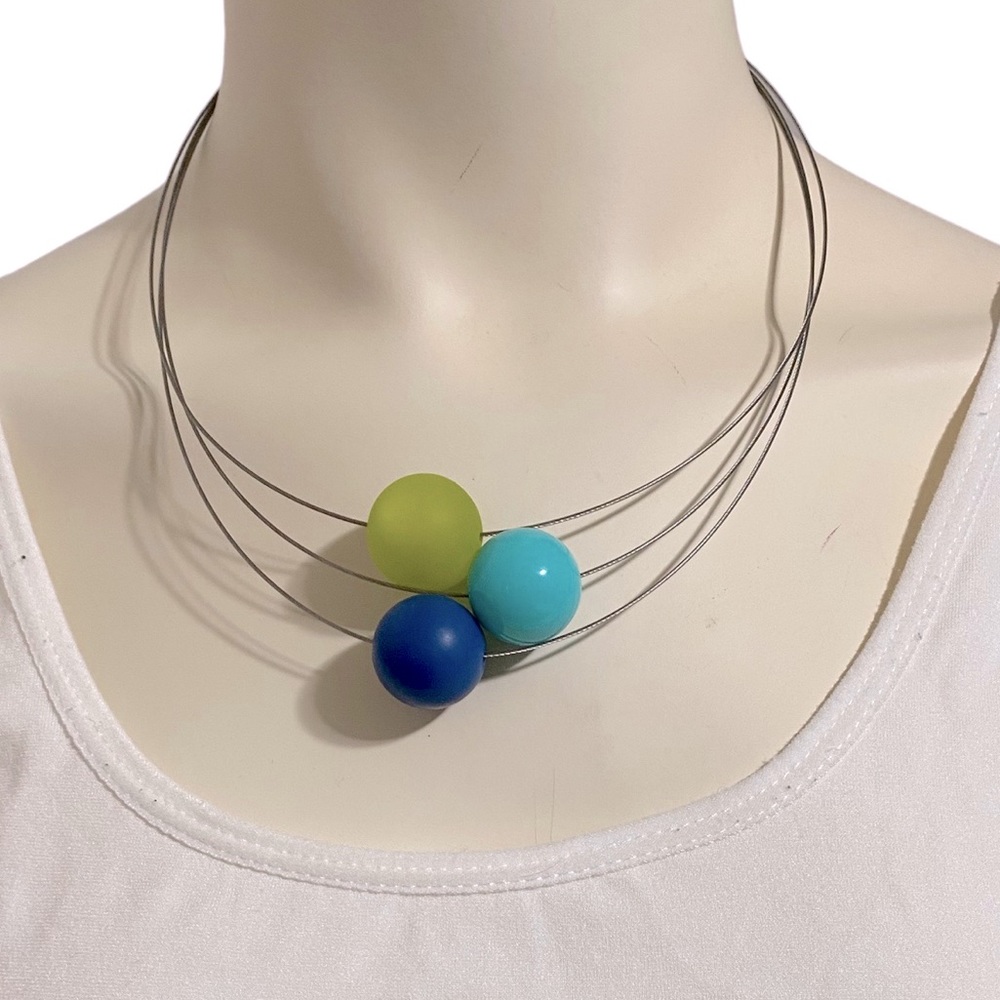 PMA Silver Wire Green Blue Beaded Choker Statement Necklace OS